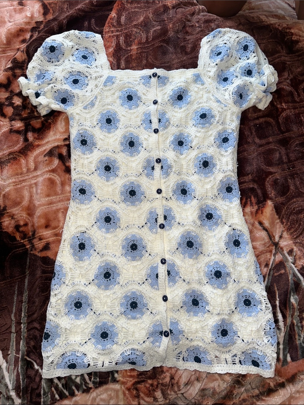 Handmade Crochet Floral Button-Front Dress - White & Light Blue